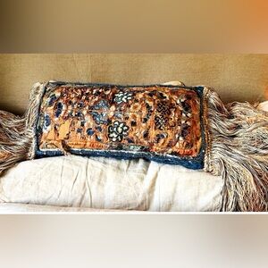 Handcrafted Embroidered Bolster Pillow Cover - Blue and Gold